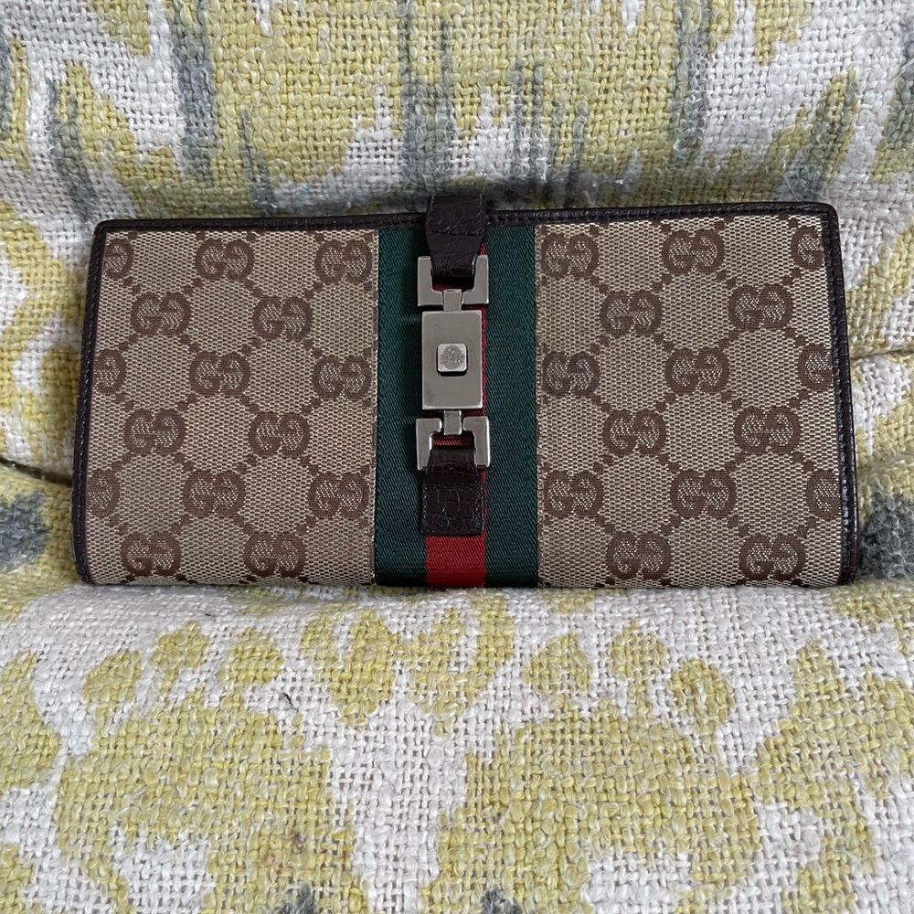 💯Auth Gucci GG Monogram Bifold Long Wallet Crackled Leather Great Condition